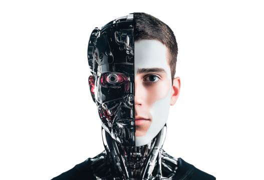 Human and robotic elements in a split face design isolated on transparent background