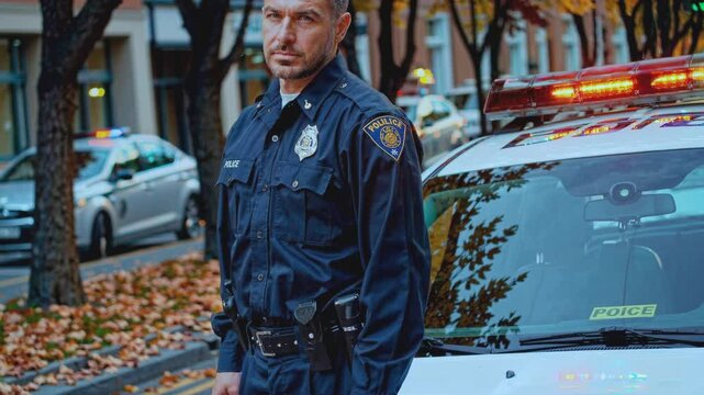 Middle-aged police officer standing near patrol vehicle during autumn, wearing dark blue uniform with badge, surrounded by fallen leaves and trees with police car in background