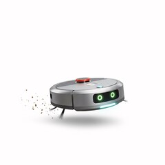 Fototapeta premium Cartoon Robot Vacuum Cleaning Crumbs