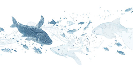 Obraz premium An illustration depicting a school of fish, rendered in a watercolor style. The color palette is primarily shades of blue and white, creating a soft, ethereal effect. The fish are depicted in
