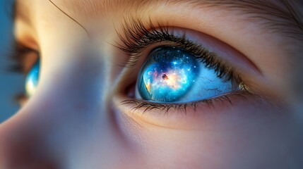 Naklejka premium Closeup Of A Child's Eye Reflecting A Vibrant Galaxy