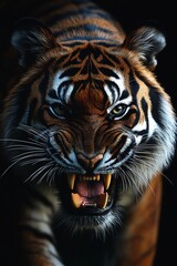 Obraz premium Roaring Tiger Face Closeup with Sharp Teeth and Intense Eyes