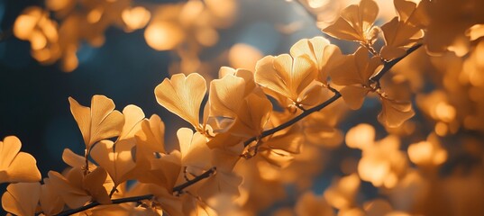  The soft, triangular leaves of a gingko biloba gently illuminated by the early morning sun, with a hint of golden hues. 