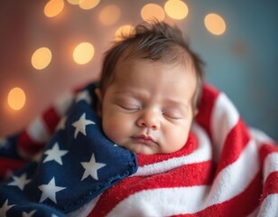Sleeping newborn baby wrapped in American flag blanket. Patriotism, national pride, infant innocence concept. United States of America symbol, USA flag for 4th July Independence Day.