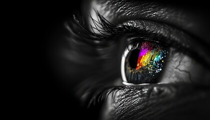 Closeup Of A Human Eye With Colorful Iris Splash In Black And White