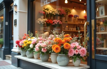 Fototapeta premium Charming flower shop facade, stylish entrance windows. Modern exterior, floral boutique retail business store. Fresh flowers in vases on display, decorative style. City street view, trendy commercial