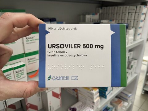 Prague,Czech Republic-January 8 2025: URSOVILER with URSODEOXYCHOLIC ACID 500mg medication used for gallstones, liver support and bile acid treatment

