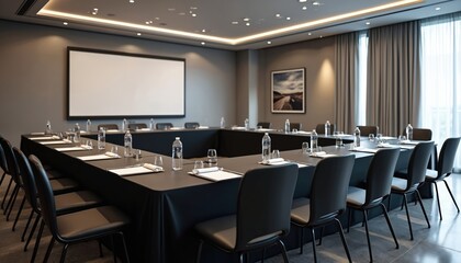 Modern conference room with large table for business meetings. Empty office space, table setup for presentations. Corporate interior design, teamwork, communication, collaboration.