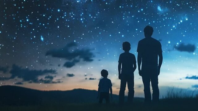 A family of three, a man, a boy, and a girl, are standing on a hillside and looking up at the stars. Smooth repeating motion for background video animation.