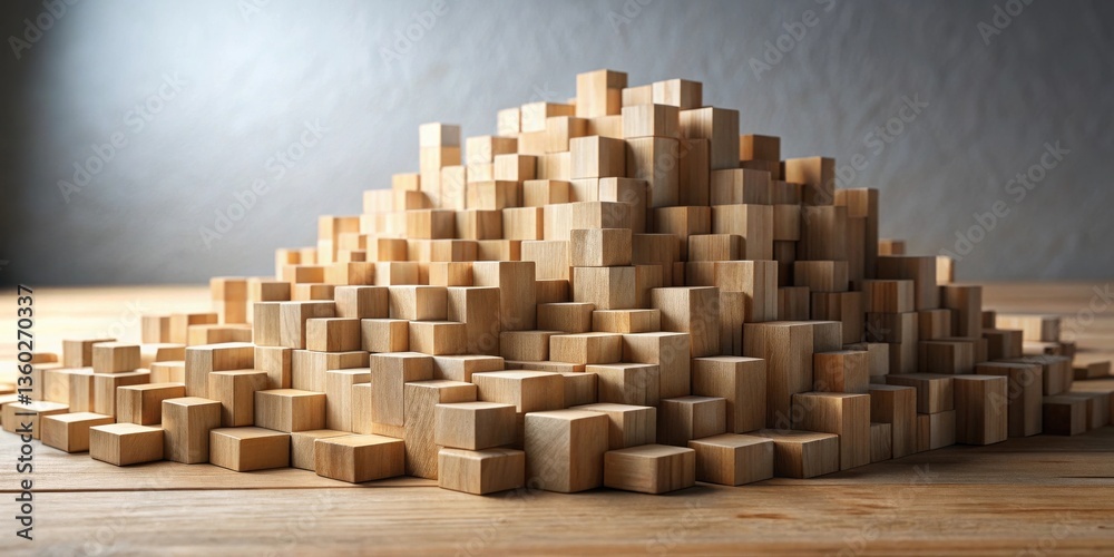 Leinwandbilder Wooden cube arrangement on a table, showing a complex structure with varying heights and sizes