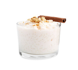 Tasty rice pudding with cinnamon and nuts in glass bowl isolated on white