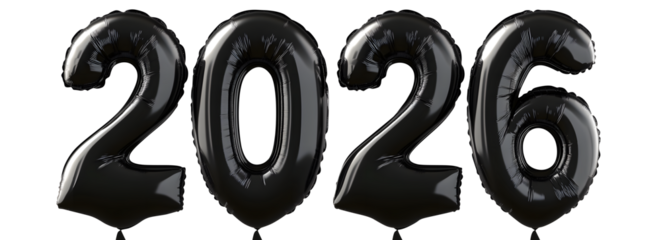 
Black balloon number 2026 clip art 3D style isolated on transparent white background, clipping path, pen tool.
