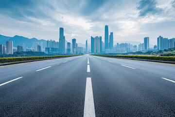 Road leading to the city of Shenzhen, lined with high-rise buildings under a clear blue sky, showcasing urban development and modern architecture.