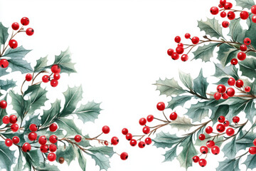 Watercolor Christmas holly and red berries, beautifully painted with intricate details and vibrant colors, evoking a festive and joyful holiday spirit.