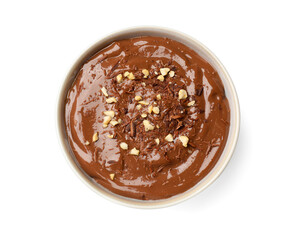 Tasty chocolate pudding in bowl isolated on white, top view