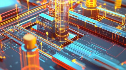 A holographic digital interface with PLM elements, including product design, manufacturing, and lifecycle monitoring.