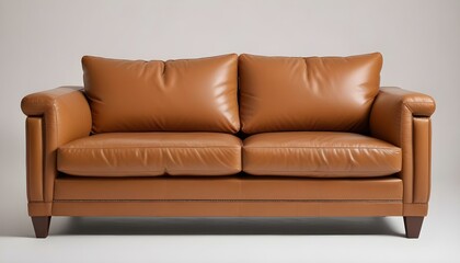 A studio shot of a two-seater caramel leather sofa with two cushions, set against a plain white background 