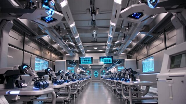 This video depicts a futuristic, high-tech laboratory or control room with an advanced and sleek design. The scene features rows of robotic arms equipped with glowing blue lights, positioned along tab