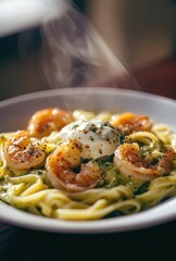 Fototapeta premium Delicious shrimp pasta with creamy sauce topped with a poached egg and garnished with herbs, steam rising from the warm dish, culinary delight