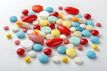 Colorful Assortment of Pills and Tablets on a White Surface Generative AI