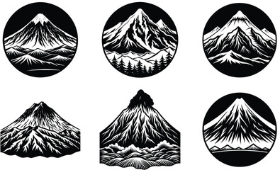 Seamless mountain of black silhouettes of trees and leaves in a simple, decorative design