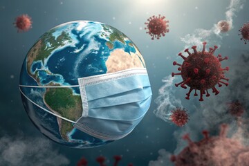 Obraz premium Global Pandemic Symbolized by Earth With a Mask and Viruses Generative AI