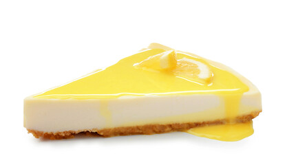 Piece of delicious cheesecake with lemon curd isolated on white