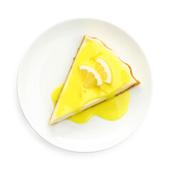 Piece of delicious cheesecake with lemon curd isolated on white, top view
