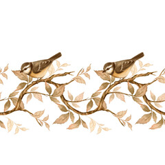 Seamless border with birds on tree branches. Brown pattern of leaves.