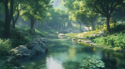 Obraz premium A peaceful river winds its way through a dense forest, its clear waters reflecting the surrounding trees, creating a sense of harmony and balance in nature