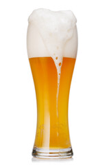 A tall glass of unfiltered beer with a golden hue and frothy head, isolated on a clean white background
