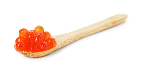 Spoon with delicious red caviar isolated on white
