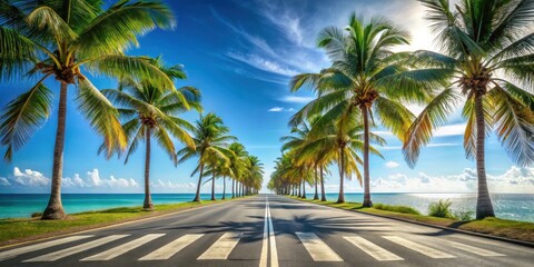 Fototapeta premium Tropical Coastal Highway Sunlit Road Lined with Palm Trees and Ocean View