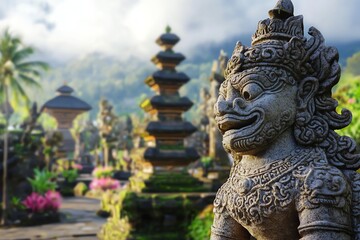 Fototapeta premium Exploring Balinese Culture Stone Statue at Ulun Danu Beratan Temple