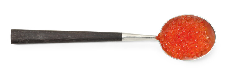 Spoon with delicious red caviar isolated on white, top view