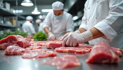 Butcher in mask, gloves prepares raw meat counter. Chef slices beef, pork. Fresh meat pieces arranged on metal table surface in shop. Male hands cutting, butchering. Meat industry, food production.