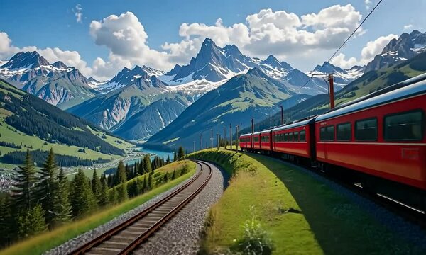 Swiss Alpine Railway, Train Running In The Alps, Beautiful Mountains With Train, Swiss Tourism Concept And Swiss Transport Infrastructure. 4k video