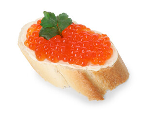 Tasty sandwich with red caviar isolated on white