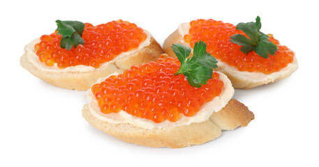 Tasty sandwiches with red caviar isolated on white