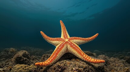 Underwater Starfish Resting on Seabed, Orange and White Sea Life Image