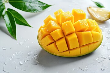 A beautifully prepared fresh mango with cut segments and green leaves