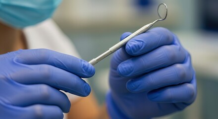 Dentist holding dental mirror wearing blue gloves and medical mask, equipment, healthcare, dental, tool, medical, clinic, instrument