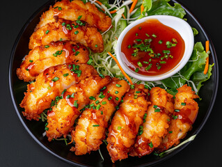 Fototapeta premium Exquisite Top-Down View of Crispy Golden Breaded Shrimp Tempura Served on a Stylish Plate with Fresh Garnishes and Dipping Sauce in a Contemporary Dining Setting