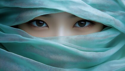 Fototapeta premium Closeup Portrait Of A Woman's Eyes Partially Covered By A Teal Sheer Fabric Veil