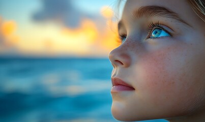 Closeup Portrait of a Young Girl at Sunset Beach