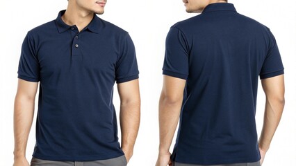A navy blue polo shirt mockup template with front and back view, isolated on a white background. Mock-up of a man's t-shirt for design presentation or ...