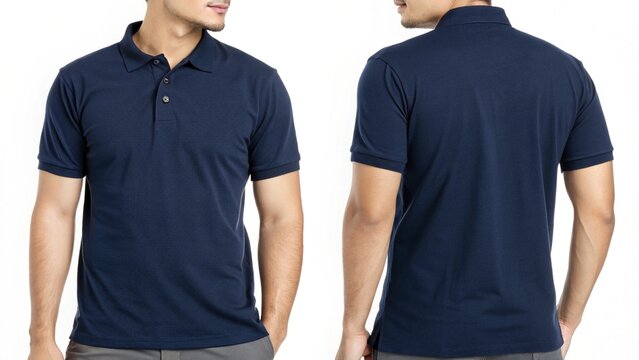 A navy blue polo shirt mockup template with front and back view, isolated on a white background. Mock-up of a man's t-shirt for design presentation or ...