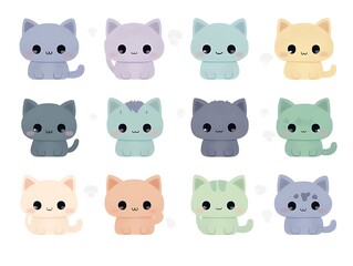 Cute cartoon illustrations showcasing twelve different colorful adorable kitten characters