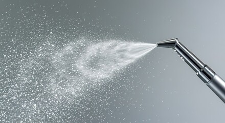 Close up of dental tool spraying water against a gray background, equipment, healthcare, dental, tool, medical, clinic, instrument