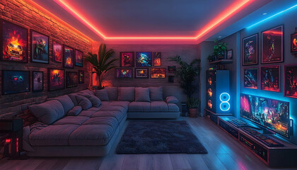 Modern gaming room with vibrant neon lights, cozy sofa, and art-filled walls, showcasing a lively atmosphere
